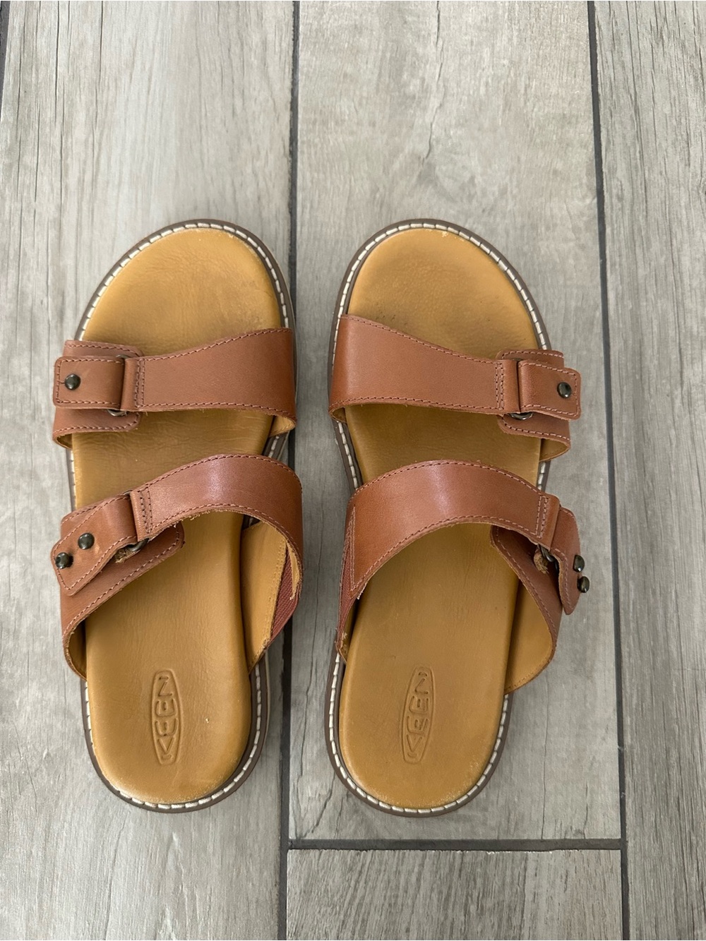 Keen Brown Leather Double-Strap Slide Sandals